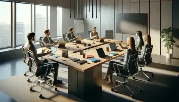 Grupo de cinco profesionales en reunión de trabajo alrededor de una mesa con laptops y libretas, en una oficina iluminada con luz natural.