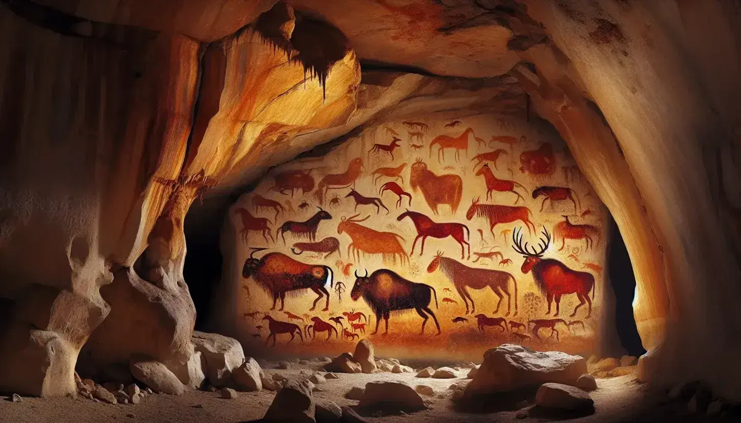 Cueva prehistórica con pinturas rupestres de bisontes, caballos y ciervos en tonos rojizos y amarillos, iluminada naturalmente, sin presencia humana.