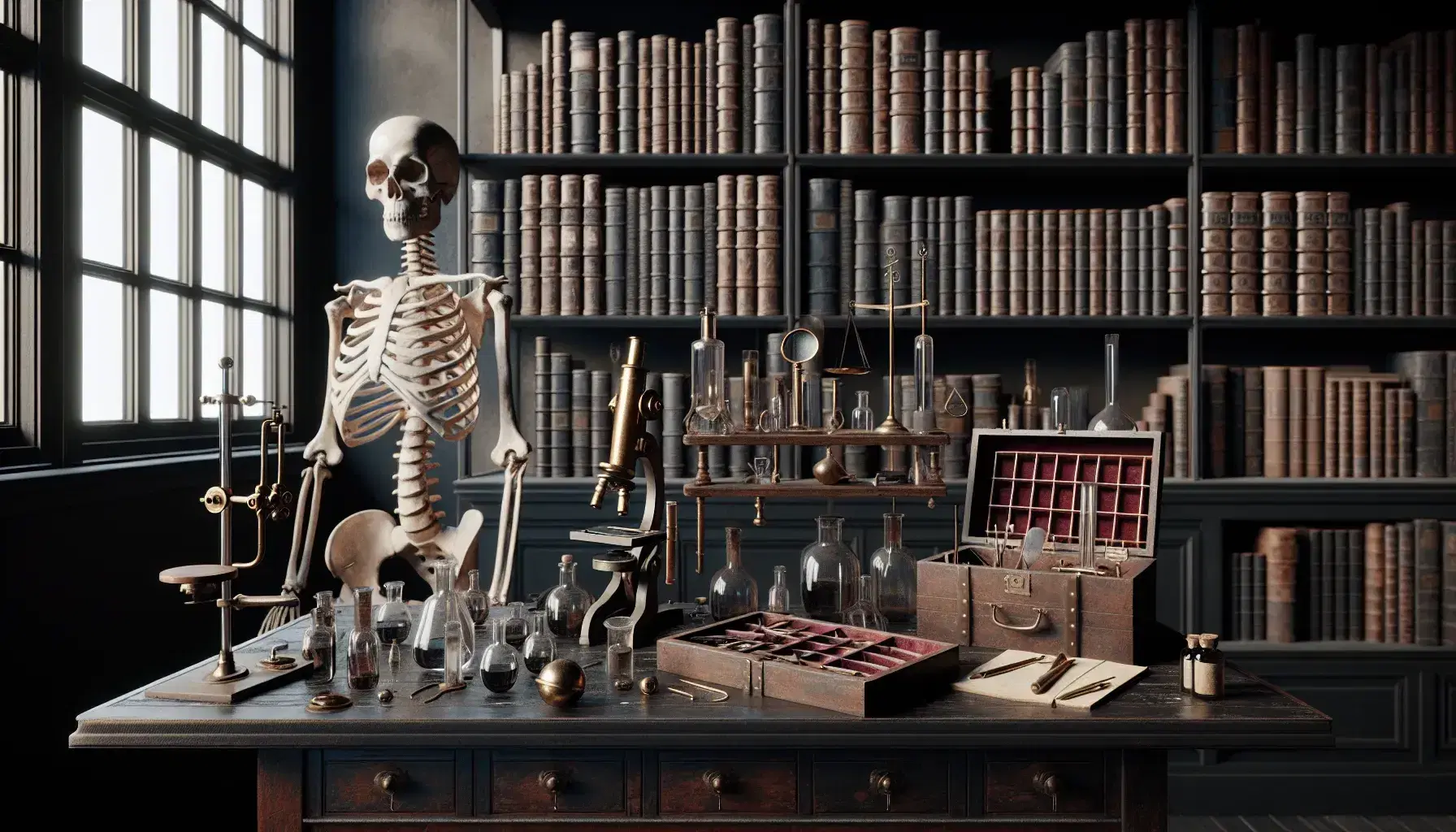 Laboratorio scientifico d'epoca con tavolo in legno, microscopi in ottone, calibri, vetrini e scheletro umano accanto a libri antichi.
