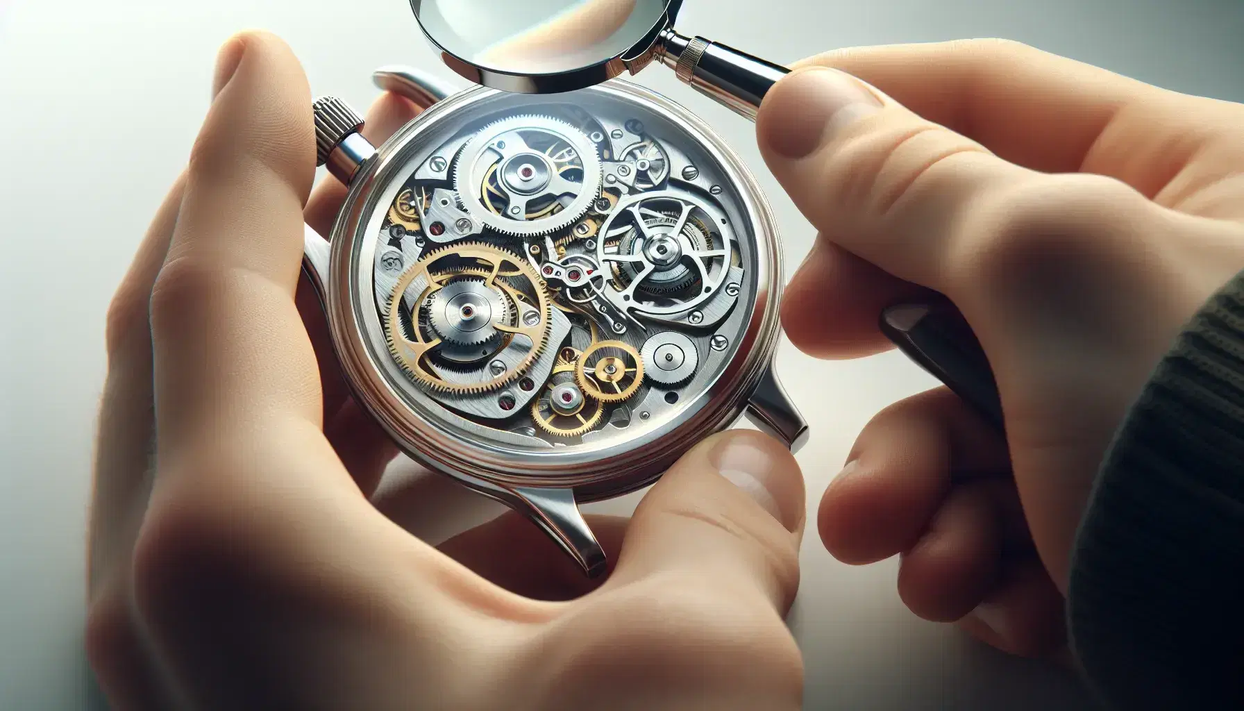 Close-up view of hands holding a magnifying glass over a mechanical wristwatch revealing intricate gears and springs with a blurred background.