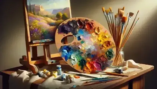 Painter's palette with colorful oil paints and assorted brushes, near an easel holding an unfinished Spanish landscape canvas.