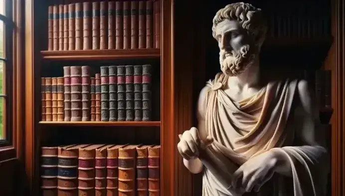 Estatua de mármol blanco de filósofo antiguo con rollo de pergamino y mano extendida, frente a estanterías de madera con libros antiguos en una biblioteca iluminada naturalmente.