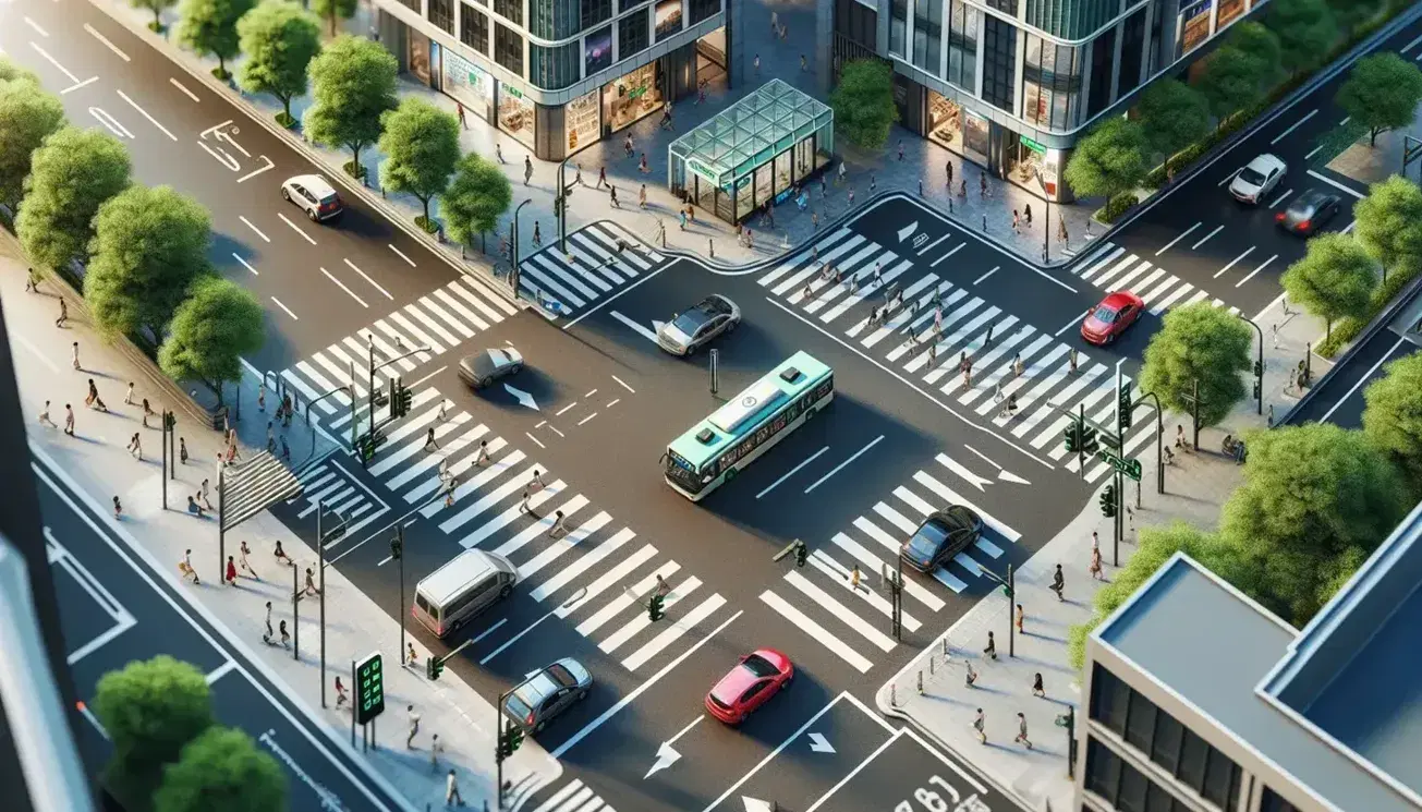 Vista aérea de intersección urbana con peatones cruzando, semáforos en verde, vehículos detenidos y autobús en parada, rodeados de edificios y árboles.