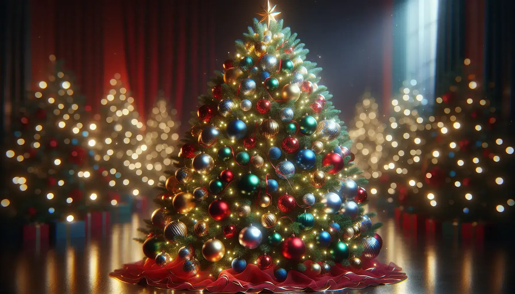 Árbol de Navidad mediano adornado con esferas de colores, cintas rojas y doradas, luces cálidas y una estrella dorada en la cima, sobre falda roja.