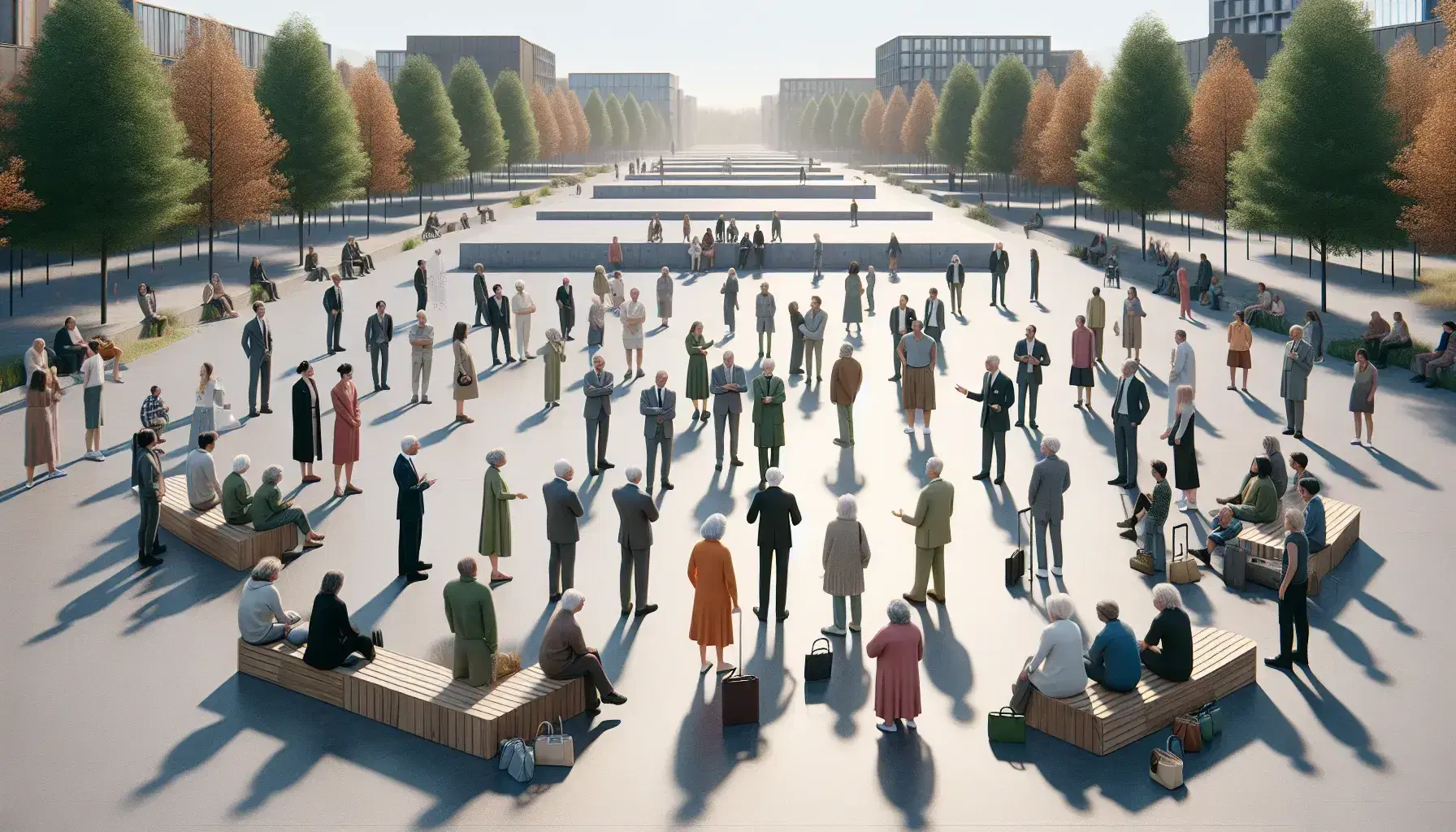 Grupo diverso de personas en conversación en parque urbano con bancos y árboles en día soleado, reflejando inclusión y diálogo intergeneracional.