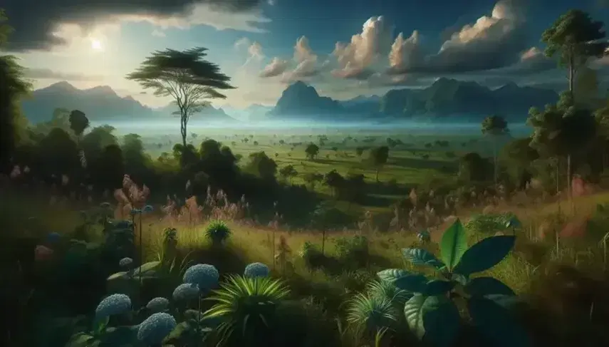 Paisaje natural con vegetación frondosa en primer plano, árbol solitario y montañas al fondo bajo un cielo azul con nubes dispersas.