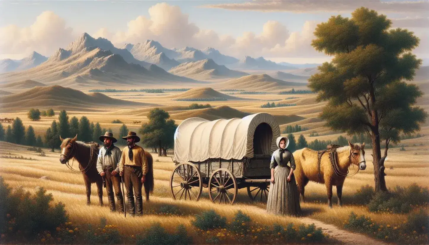Pioneers by a covered wagon and oxen on the American frontier with rolling plains, standalone trees, and distant mountains under a vast sky.
