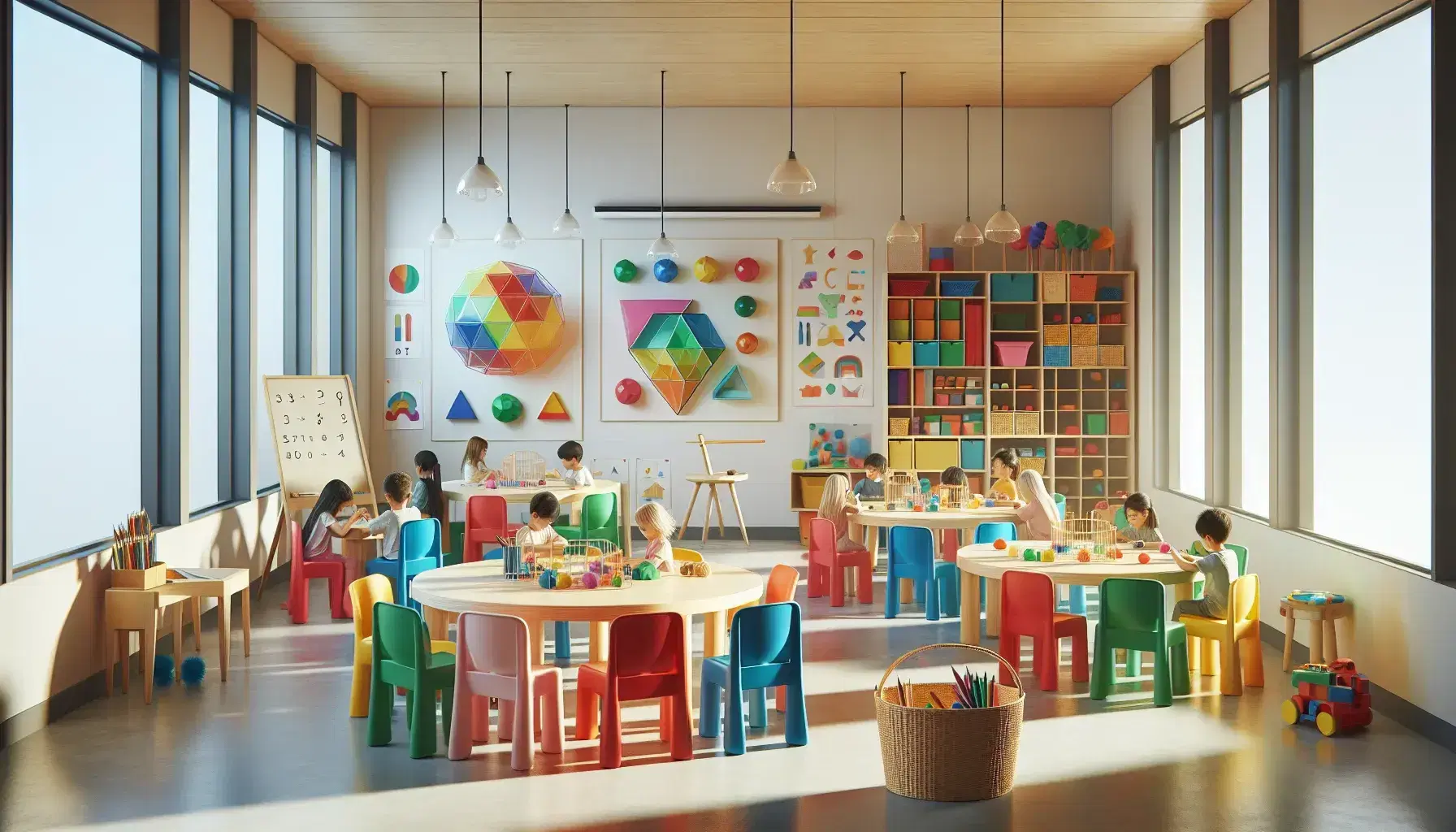 Aula luminosa con mesa redonda de madera y sillas plásticas de colores, estudiantes con libros y figuras geométricas, pósteres geométricos, estantes con juegos educativos y cesta de papeles de colores.