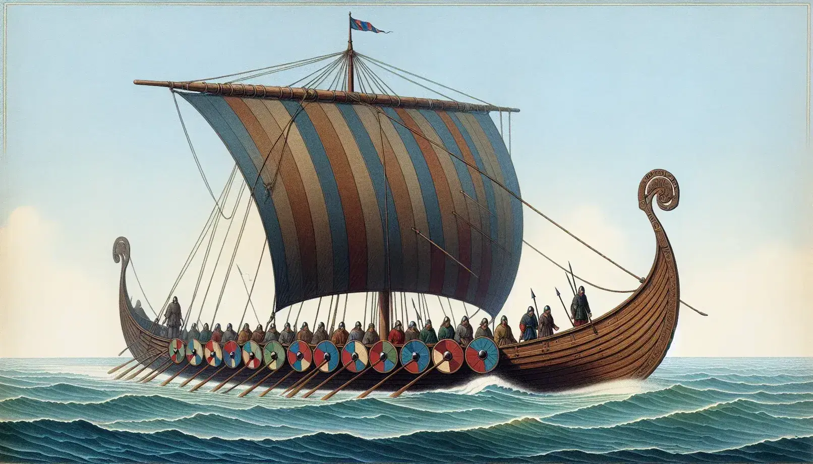 Viking longship at sea with a billowing sail, shields lining the hull, and crew in tunics, under a soft blue sky on glistening waters.