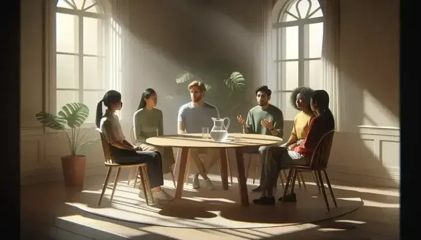 Multi-ethnic group meeting around a circular table in a bright room, with water and plants, active discussion and attentive listening.