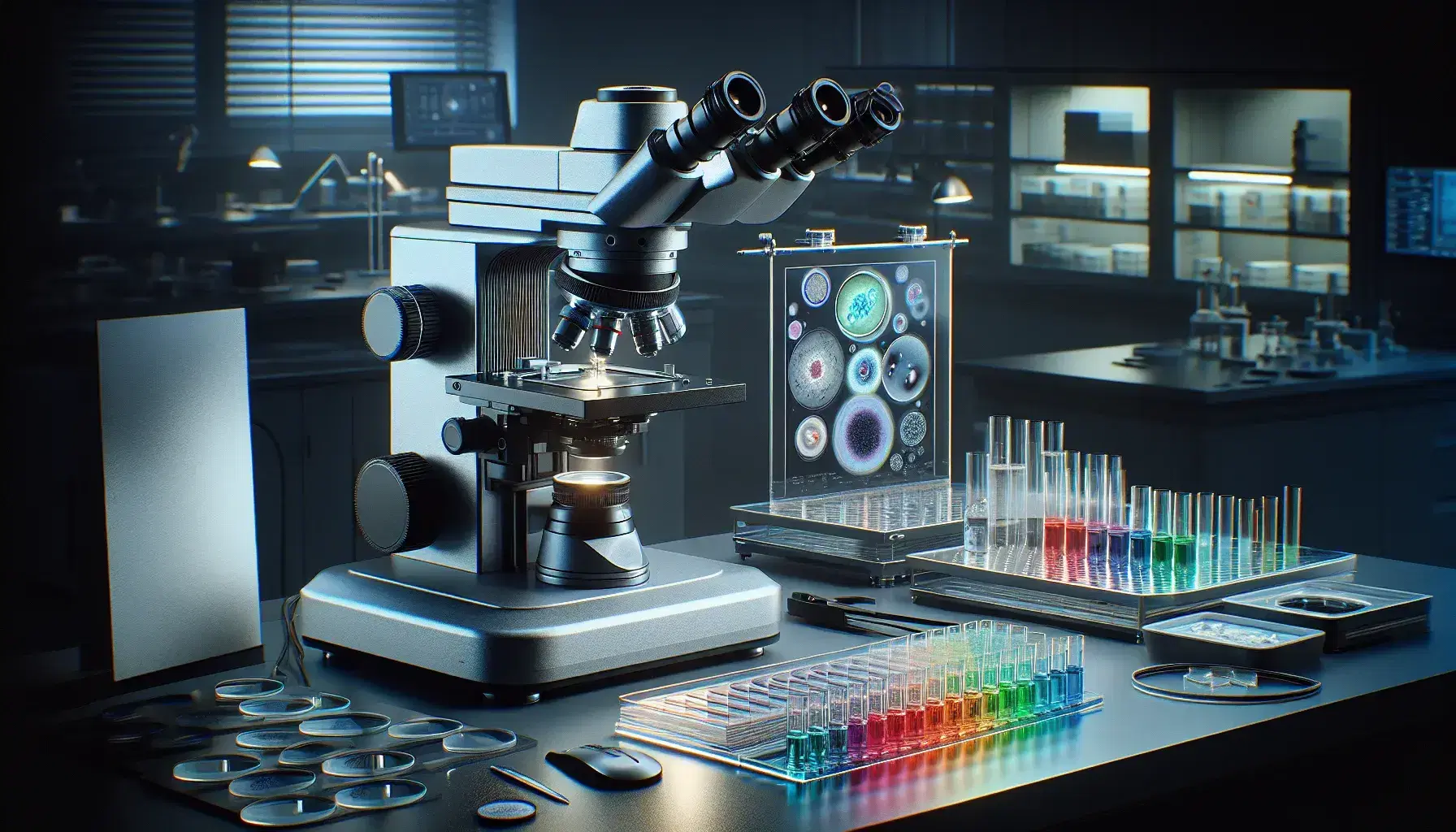 Microscopio a fluorescenza elettronico su superficie grigia con vetrini preparati e palette di fluorocromi colorati in laboratorio scientifico.