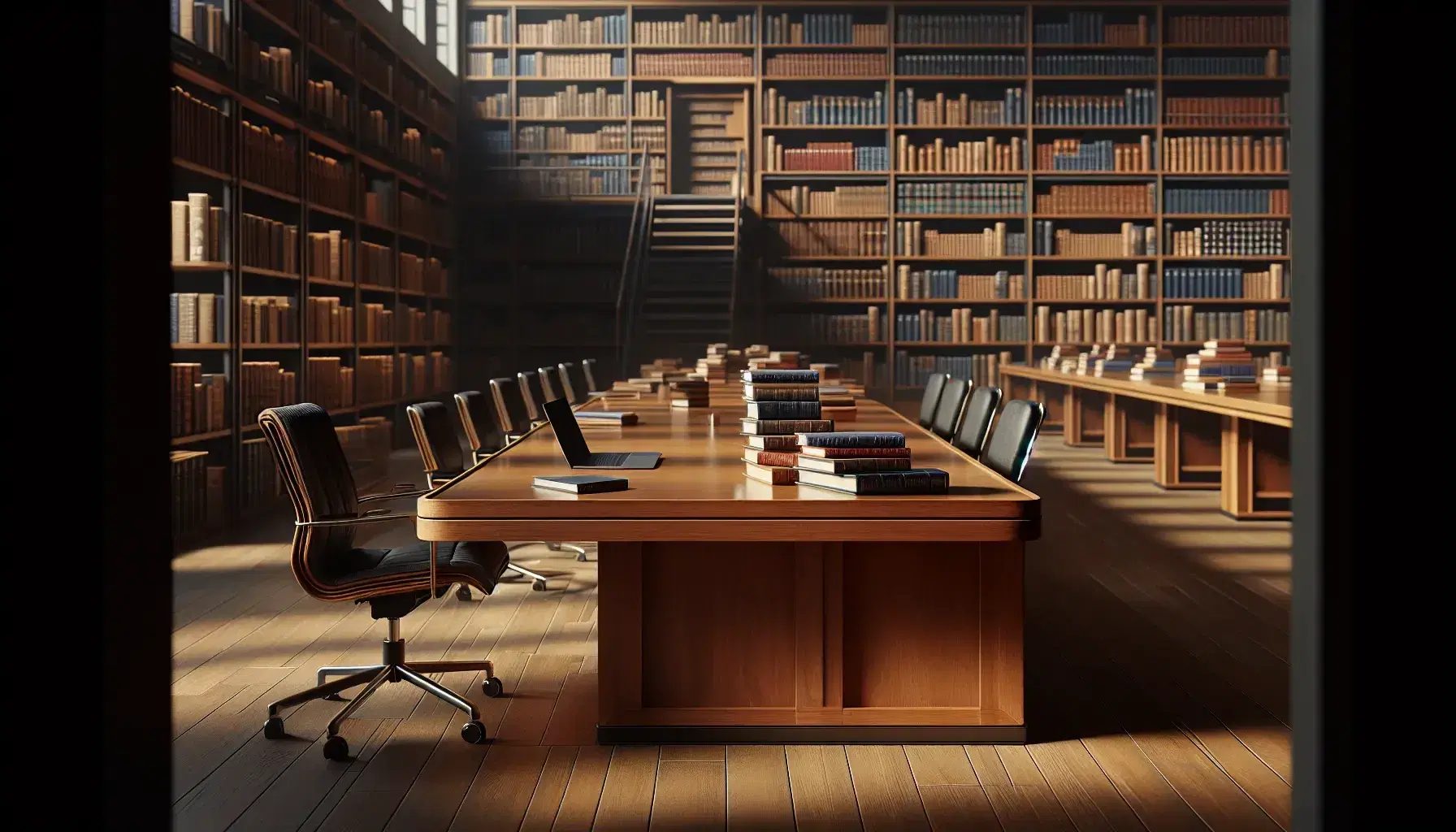 Biblioteca universitaria iluminada por luz natural con mesa de madera y laptop abierta, silla de oficina negra y estantes repletos de libros sin títulos visibles.