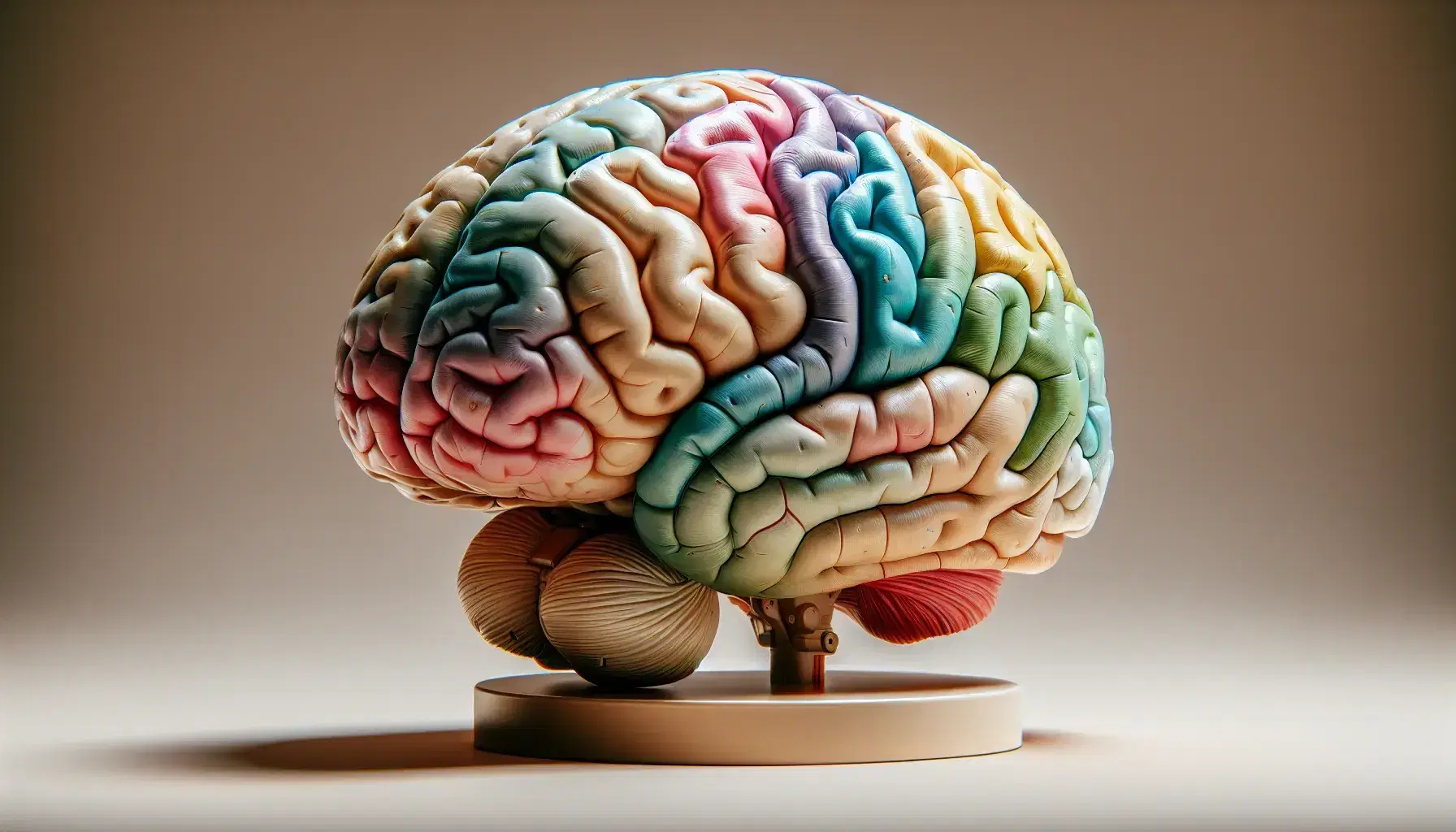 Detailed anatomical model of the human brain with prefrontal cortex highlighted in vibrant color on neutral background.