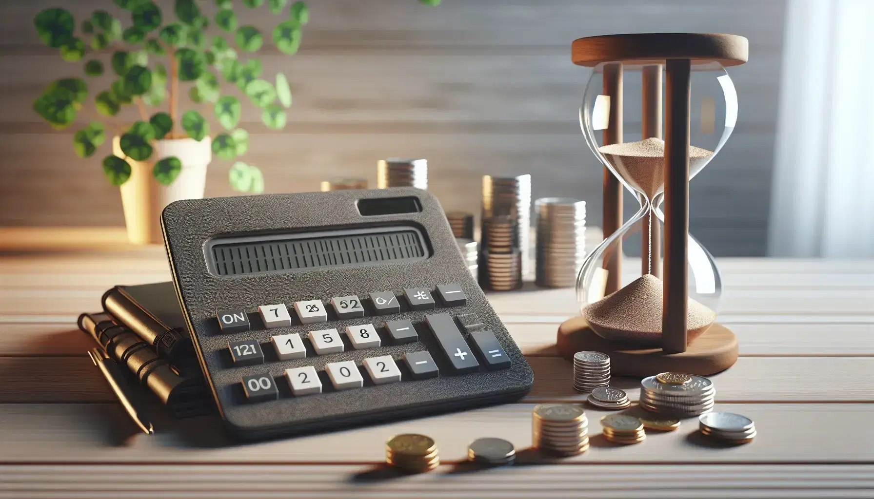 Calculadora gris oscura con botones blancos y grises sobre mesa de madera clara, junto a un reloj de arena y montón de monedas variadas, con planta desenfocada al fondo.
