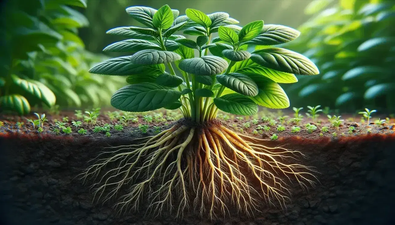 Lush green plant with broad leaves and a complex root system visible above rich, dark brown soil, indicating a healthy, well-nourished garden environment.