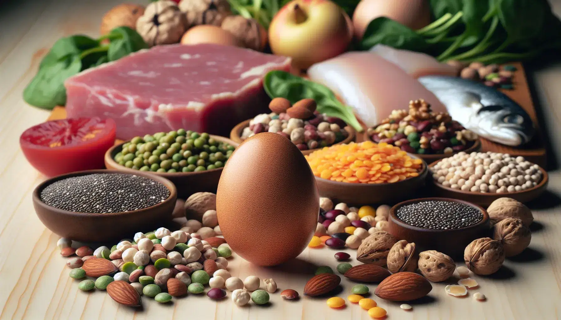 Varietà di alimenti salutari su superficie in legno chiaro, inclusi uovo intero, legumi colorati, semi di chia, carne magra, pesce bianco, frutta secca e spinaci freschi.