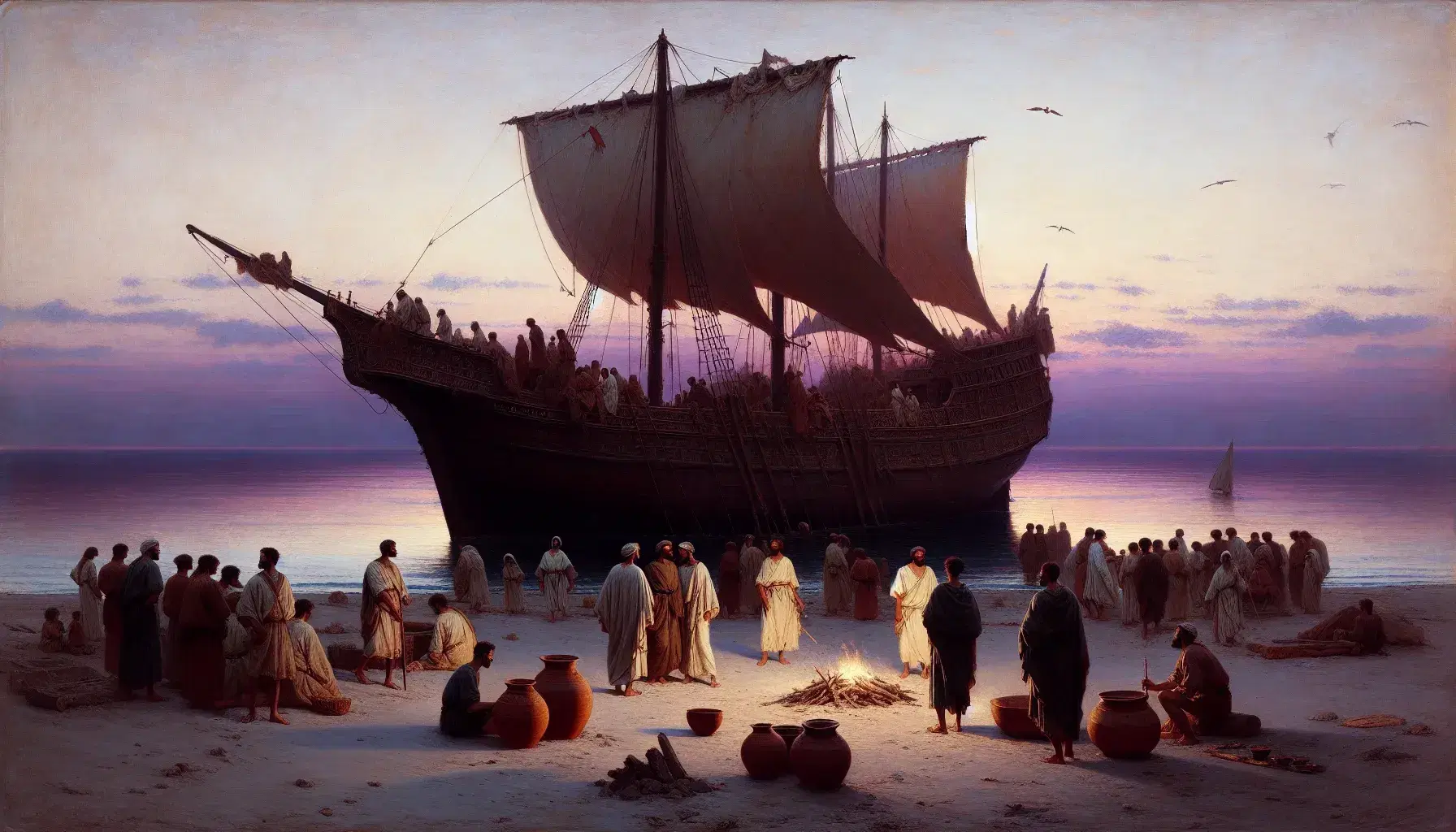 Nave in legno con vele bianche al tramonto su spiaggia, uomini scaricano anfore, uno contempla il mare vicino a un elmo.