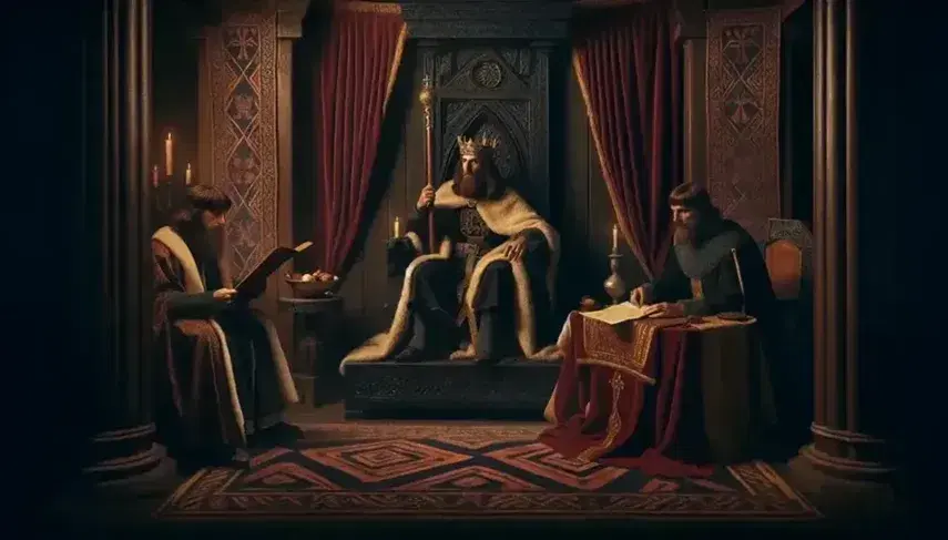 Re sovrano medievale seduto su trono intagliato con consiglieri e arazzo rosso, in ambiente regale illuminato da candele.