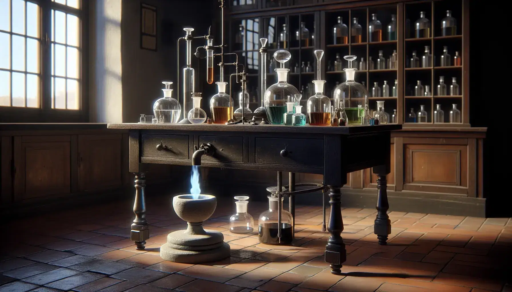 Laboratorio antiguo con mesa de madera oscura, recipientes de vidrio, quemador con llama azul y estantería con frascos de líquidos coloridos.