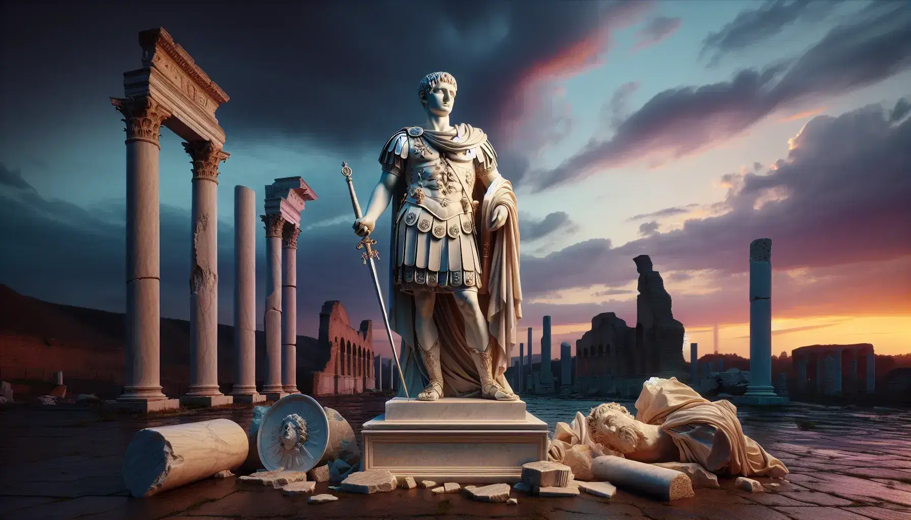 Statua in marmo bianco di generale romano con armatura e gladio, appoggiato a scudo, tra colonne erose al tramonto.