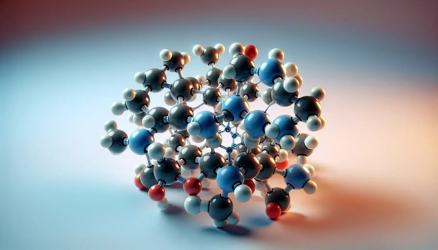 3D molecular model of cyclic AMP with color-coded atoms: black for carbon, white for hydrogen, blue for nitrogen, red for oxygen, and orange for phosphorus.