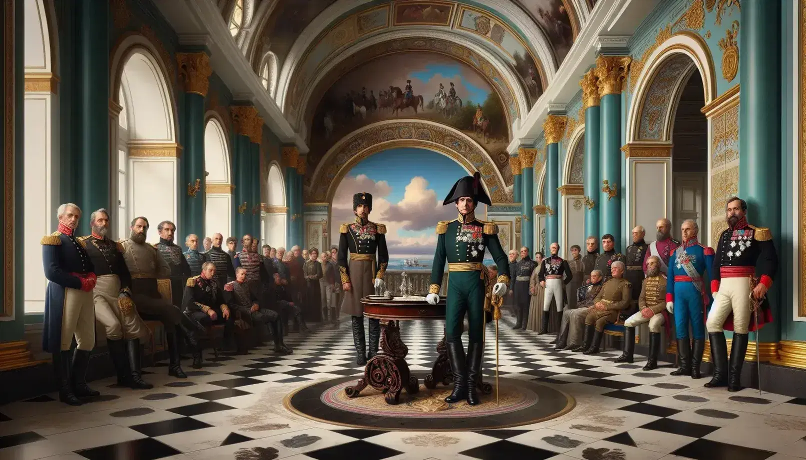 Scena storica in palazzo con figura militare del XIX secolo in uniforme verde e bicorno nero, circondato da personaggi in abiti d'epoca.