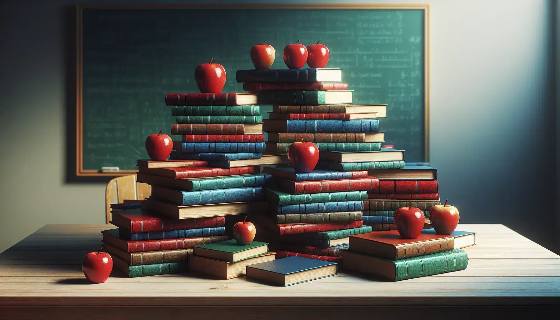 Pilas de libros coloridos en una mesa de madera clara junto a una pirámide de manzanas rojas frescas, con pizarra verde oscuro al fondo.