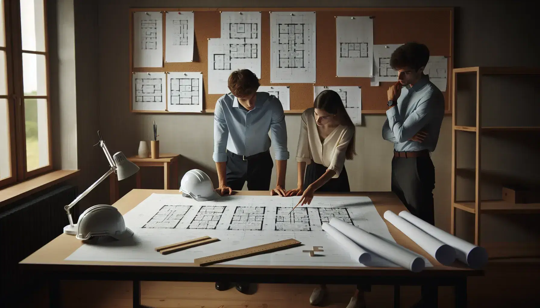 Tres profesionales analizan planos arquitectónicos en una mesa de trabajo con casco de seguridad y regla T, en un ambiente iluminado con suaves sombras.