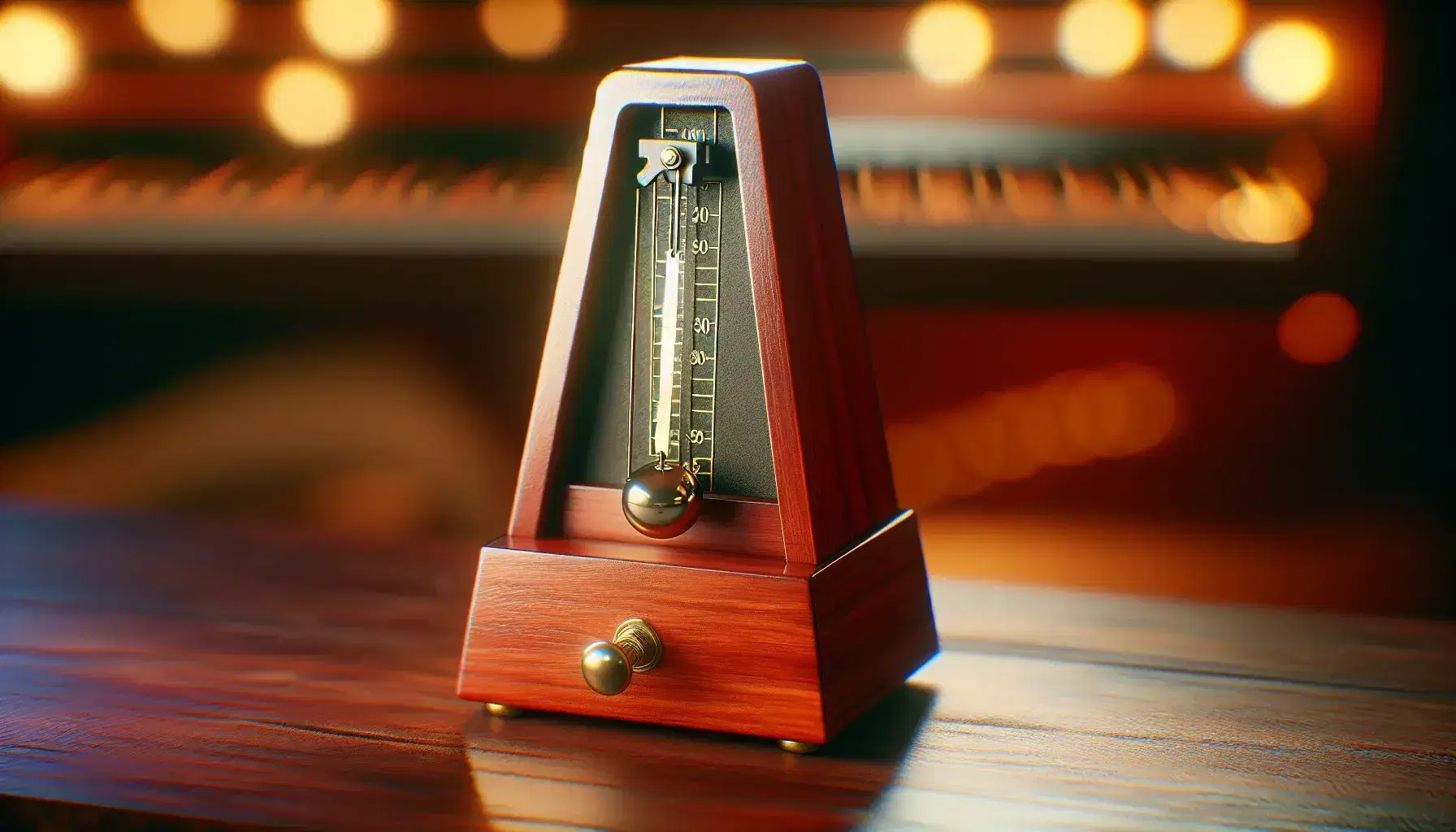 Vintage mahogany wood metronome with brass pendulum and wind-up key, set against a warm, blurred indoor background, suggesting a moderate tempo.
