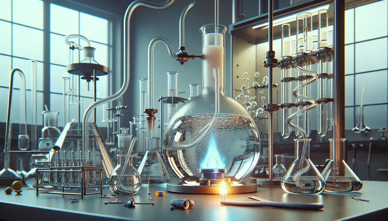 Laboratory with round bottom flask on a blue Bunsen flame, connected to a condenser with flowing water, surrounded by various glassware.
