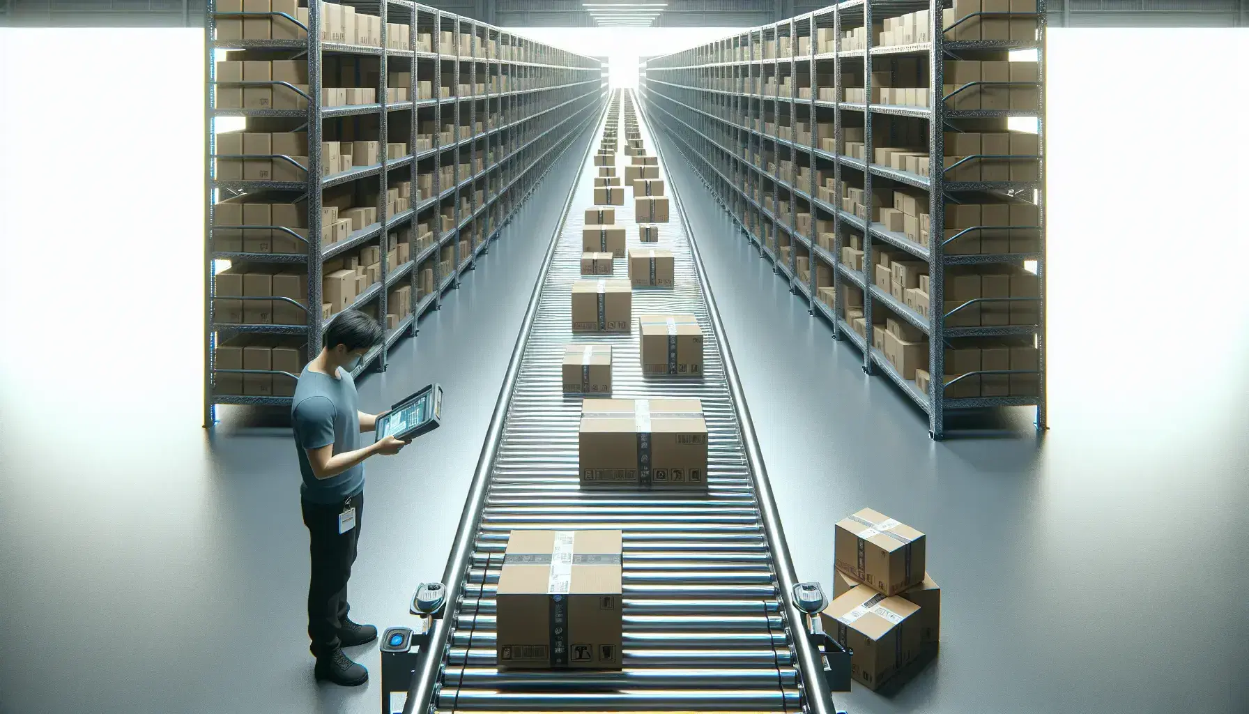 Centro de distribución de comercio electrónico con trabajador escaneando paquetes en una cinta transportadora y estanterías metálicas al fondo.
