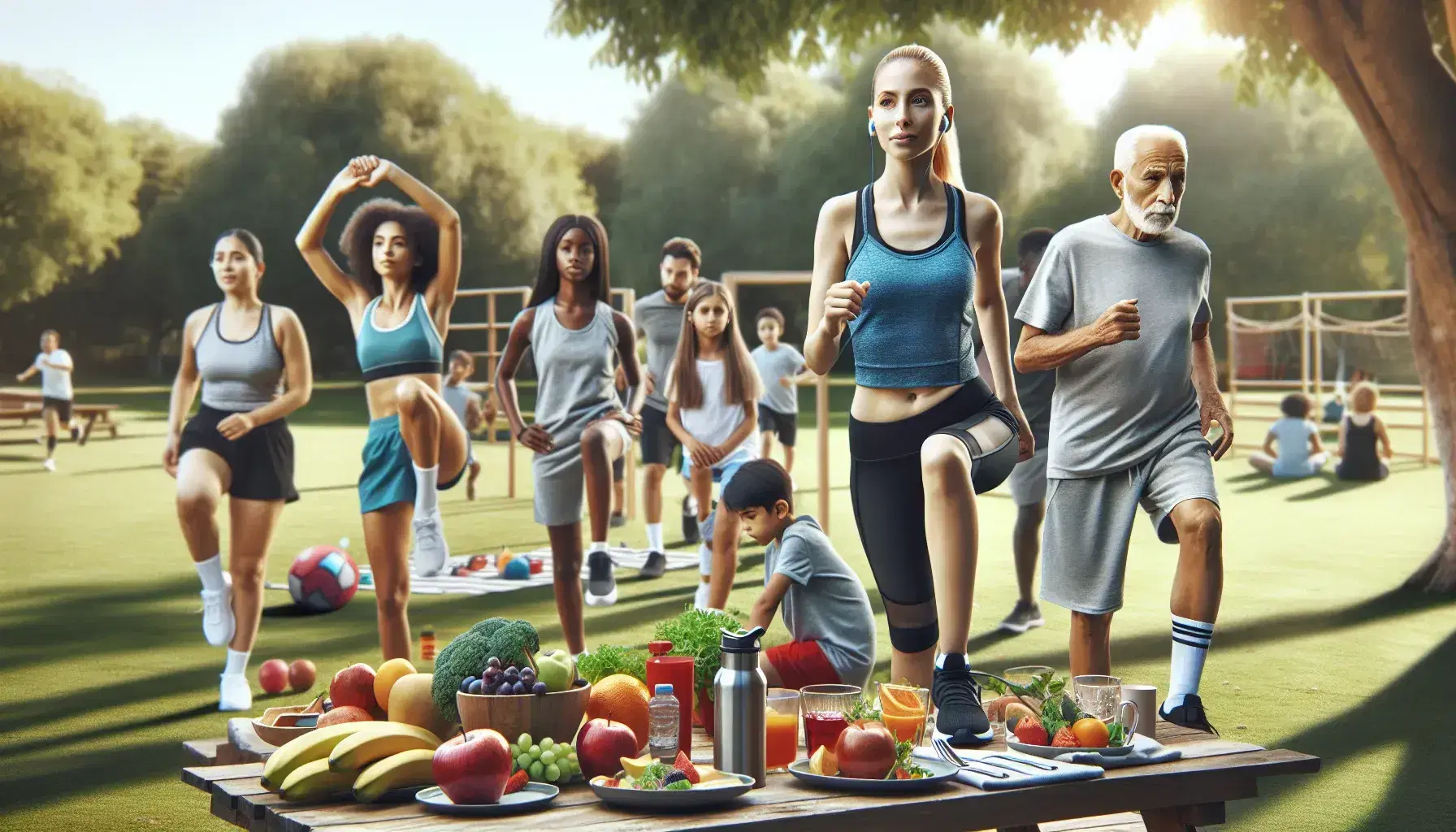 Grupo diverso realizando actividades físicas en parque, con mujer joven corriendo, hombre mayor estirando y niños jugando con balón, junto a mesa con frutas y ensaladas.