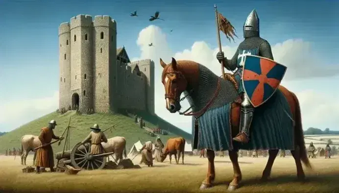 Norman knight in armor on horse with red shield and spear, medieval castle in the background, farmers and oxen at work in the countryside.