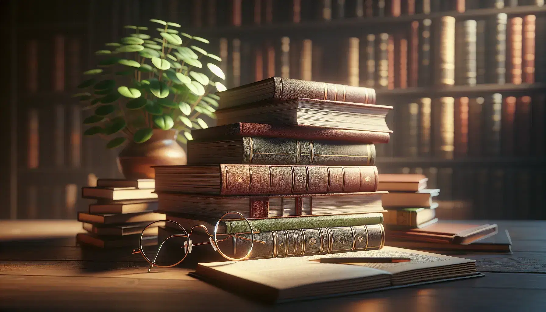 Stacked hardcover books in various sizes with an open book on top, wire-framed glasses, and a potted plant on a wooden table, against a blurred bookshelf background.