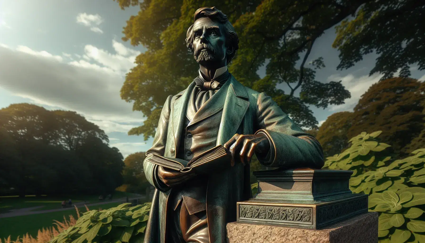 Estatua de bronce de hombre pensativo con traje y libro en mano, sobre pedestal de piedra en parque soleado con árboles y cielo azul.