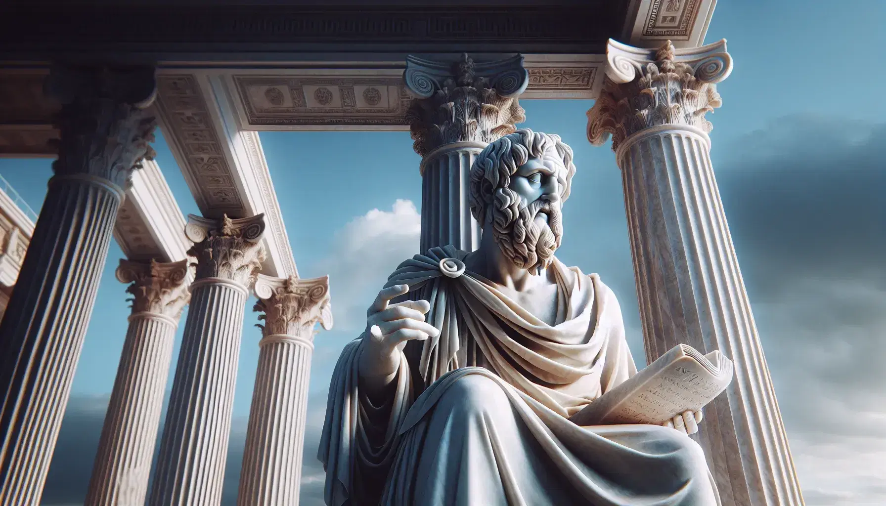Estatua de mármol blanco de filósofo antiguo con pergamino en mano y columna de templo griego clásico al fondo bajo cielo azul.