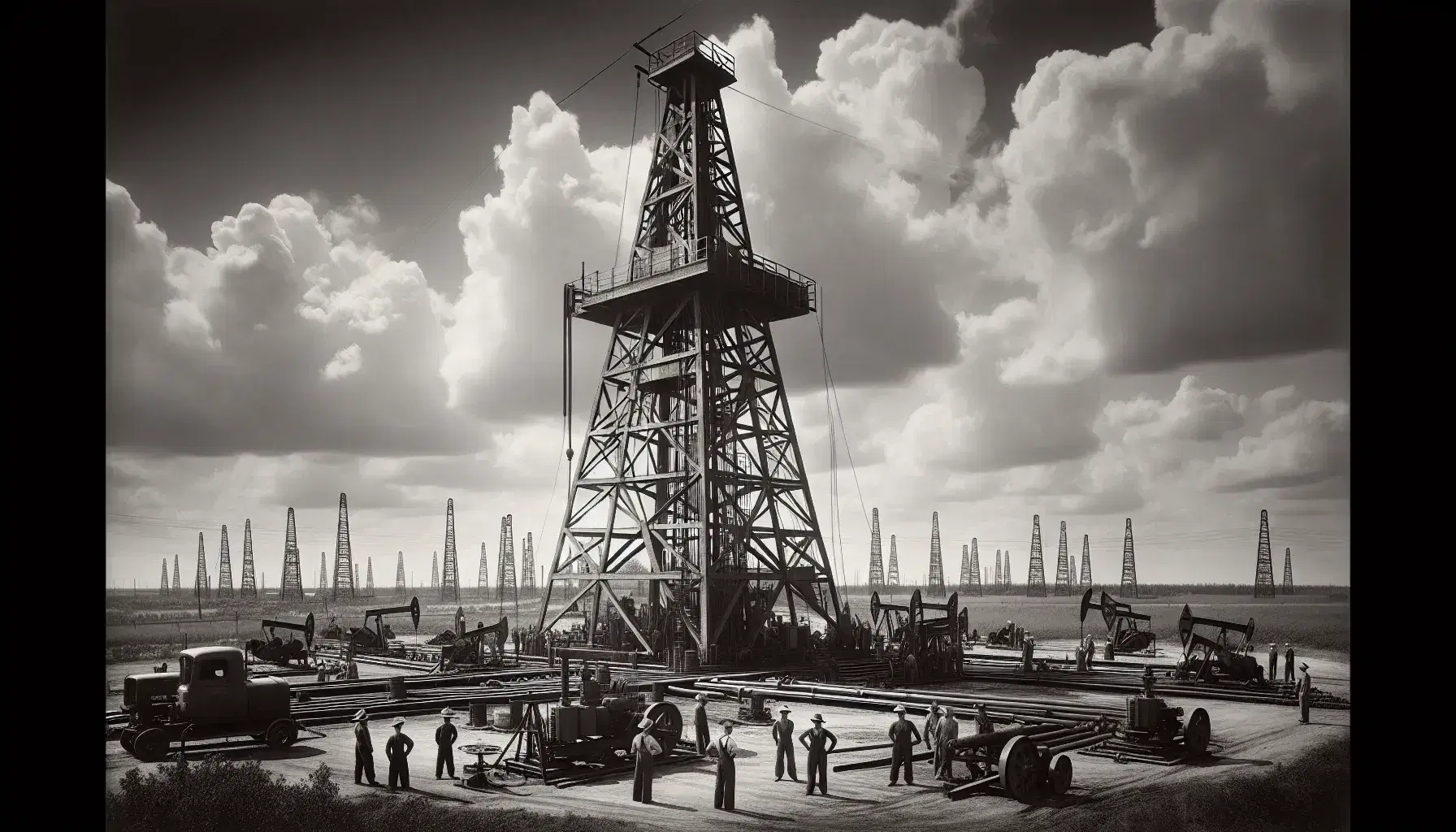 Campo petrolífero de la década de 1940 con torre de perforación y trabajadores, rodeado de múltiples derricks y paisaje industrial bajo cielo parcialmente nublado.