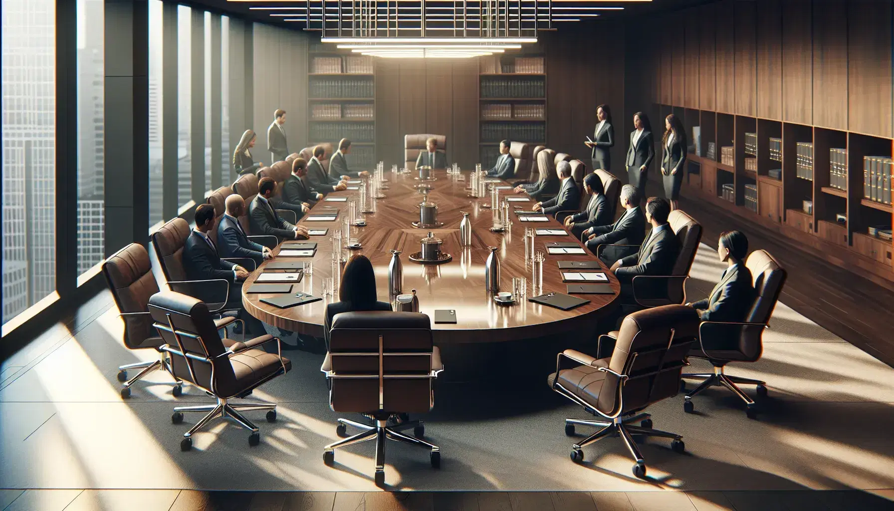 Diverse business professionals engaged in a meeting around a large oval table in a well-lit boardroom with cityscape views.
