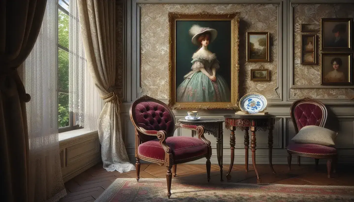 Salotto vintage con poltrona in velluto rosso, tazza di porcellana su tavolino, quadro dorato, libreria in legno e tappeto persiano.