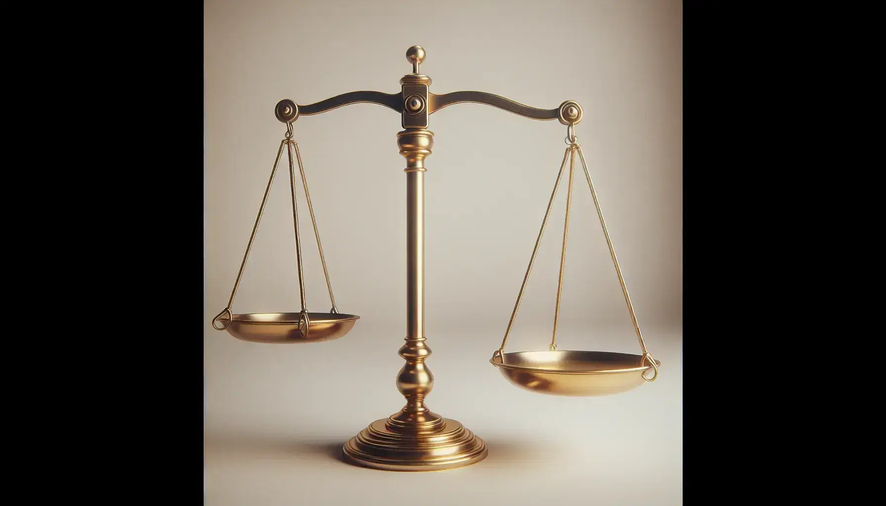 Golden scales of justice in perfect balance on a light background, symbol of fairness and legal impartiality, without symbols or writing.