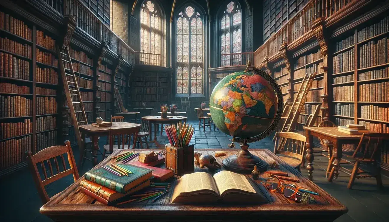 Biblioteca antica con tavolo in legno scuro, globo antico, matite colorate, occhiali tartarugati, persone leggendo e scaffali pieni di libri.