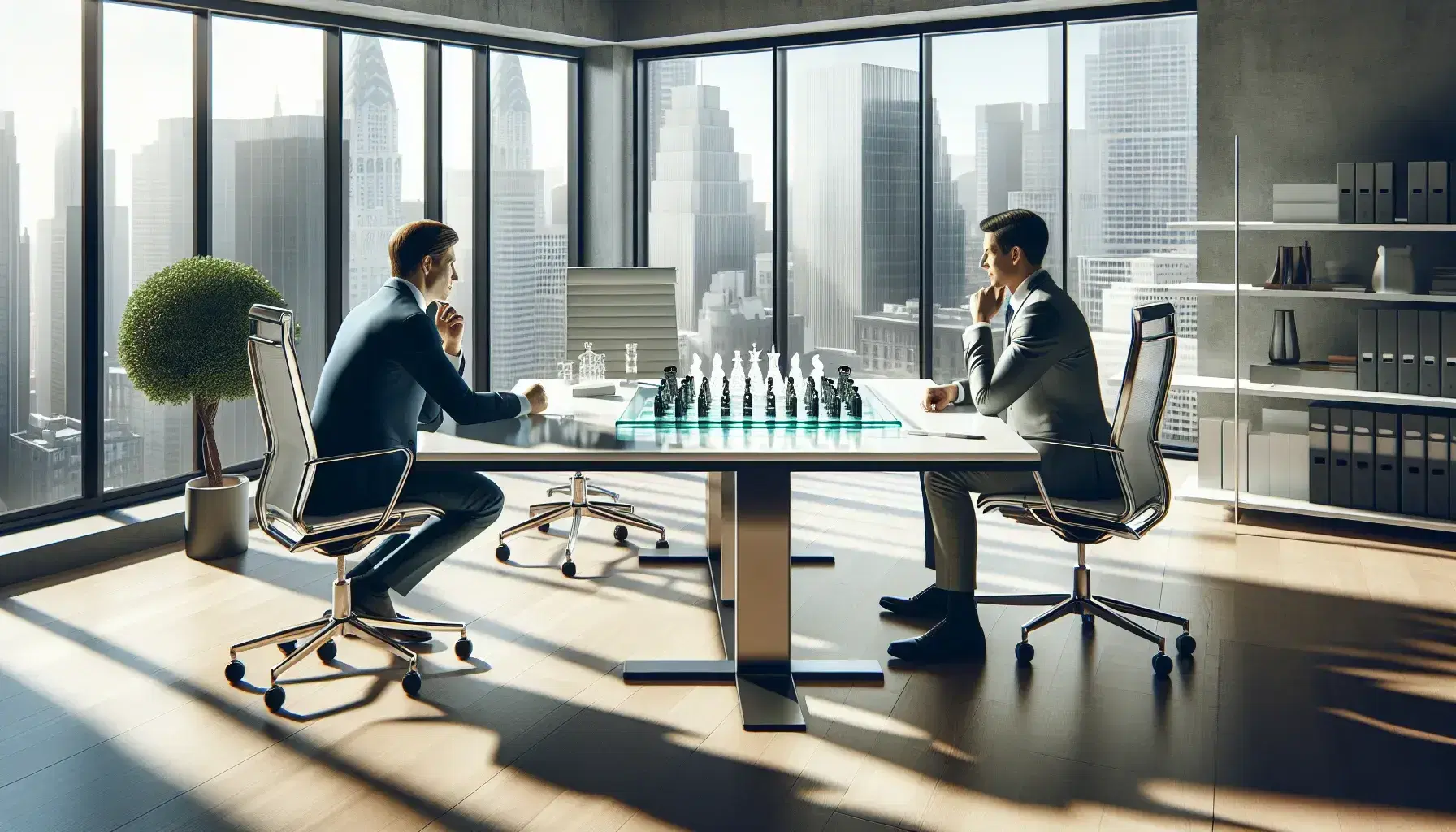 Two professionals in suits discuss strategy over a glass chessboard in a bright office with city views, near a plant and a whiteboard.
