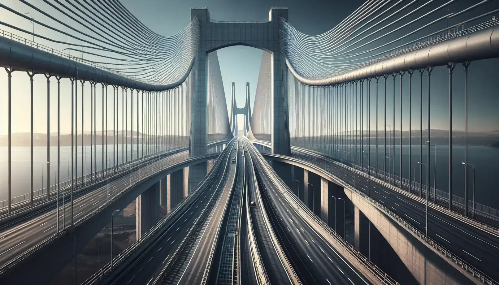 Puente colgante con cables de acero y torres de soporte en un día soleado, cielo azul despejado y sin personas ni vehículos.