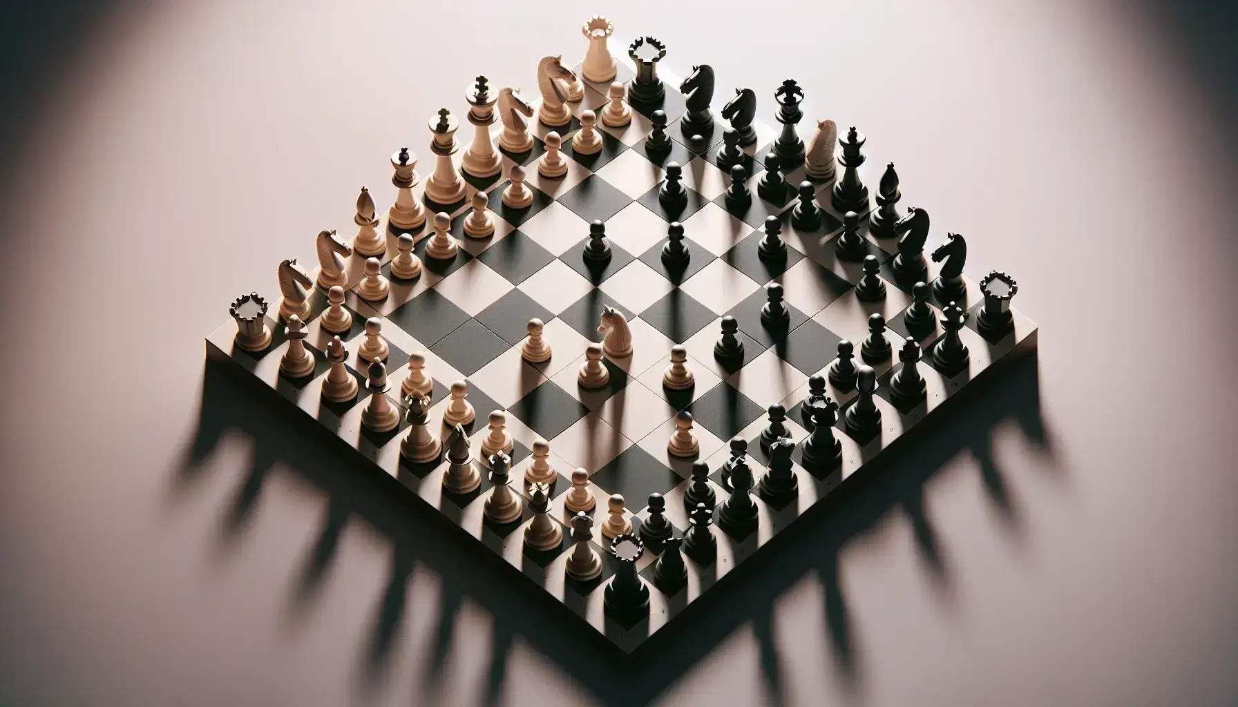 Chessboard with a mid-game scenario showing a white queen, pawns, a knight, and black rook, bishop, pawns, and king in a tense strategic formation.