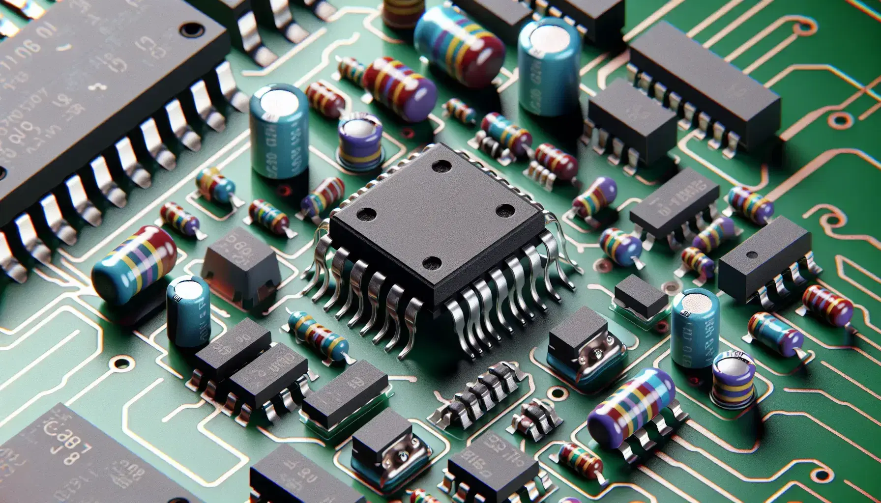 Close-up view of an operational amplifier IC on a PCB, surrounded by resistors and capacitors with visible metallic solder joints and copper tracks.