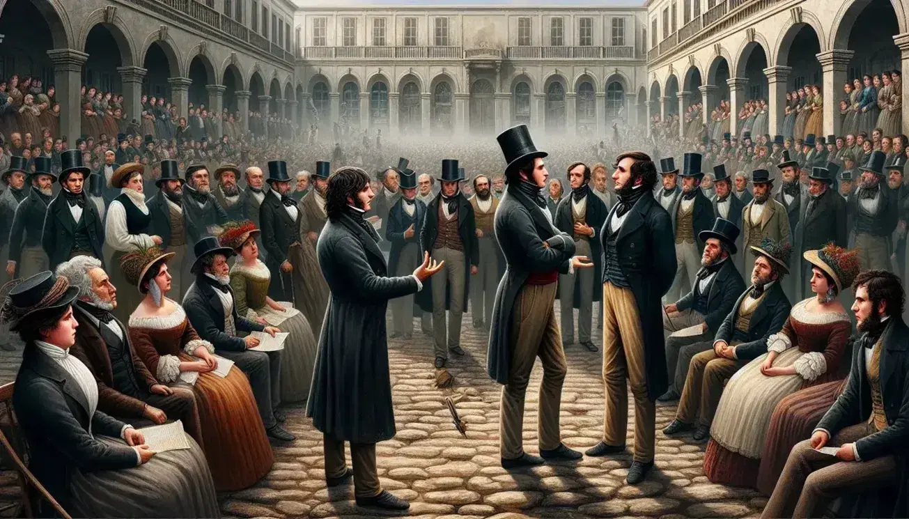Escena histórica en plaza colonial con dos hombres debatiendo y espectadores atentos, vestimenta del siglo XIX, arquitectura colonial y árbol frondoso.