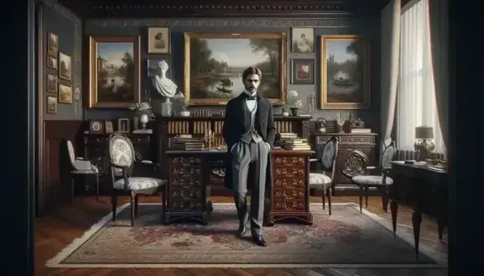 Salotto d'epoca fine '800 con uomo in abito elegante, mobili intarsiati, quadri dorati, statua marmorea e tappeto floreale.