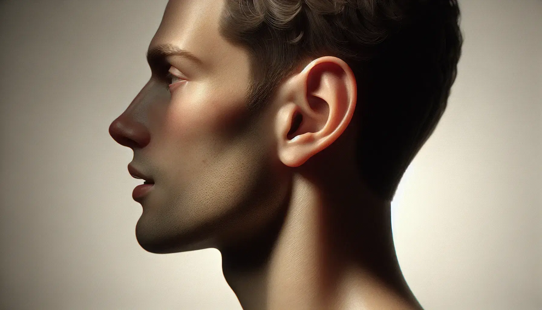 Close-up profile view of a person articulating a lateral sound with a visible ear, against a light background, highlighting speech and listening.