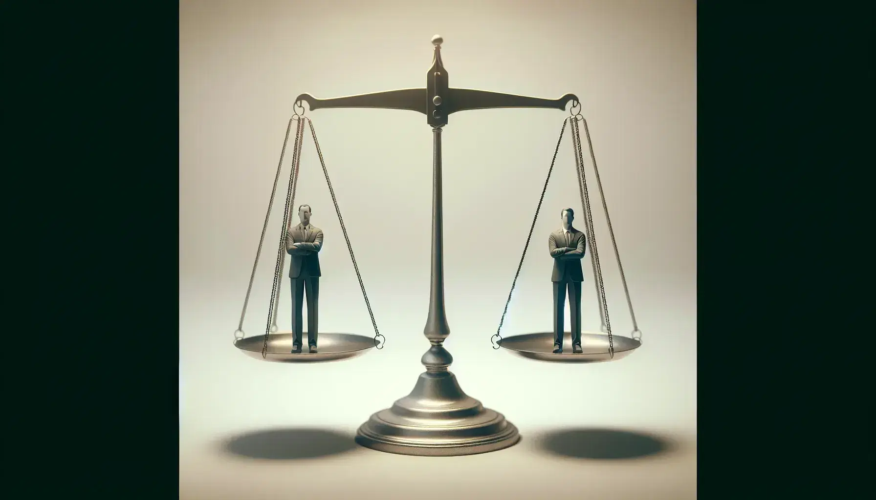 Two individuals standing on a balanced two-pan scale, arms crossed, symbolizing equality or negotiation, against a gradient gray background.