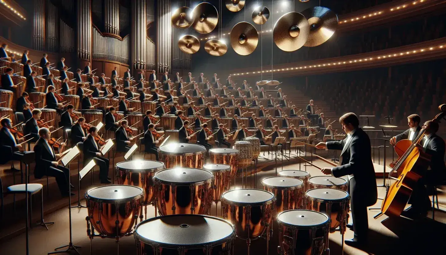 Orchestra sinfonica con percussionista che suona timpani rame e altro con tamburo e piatti, in secondo piano piano a coda e arpa.